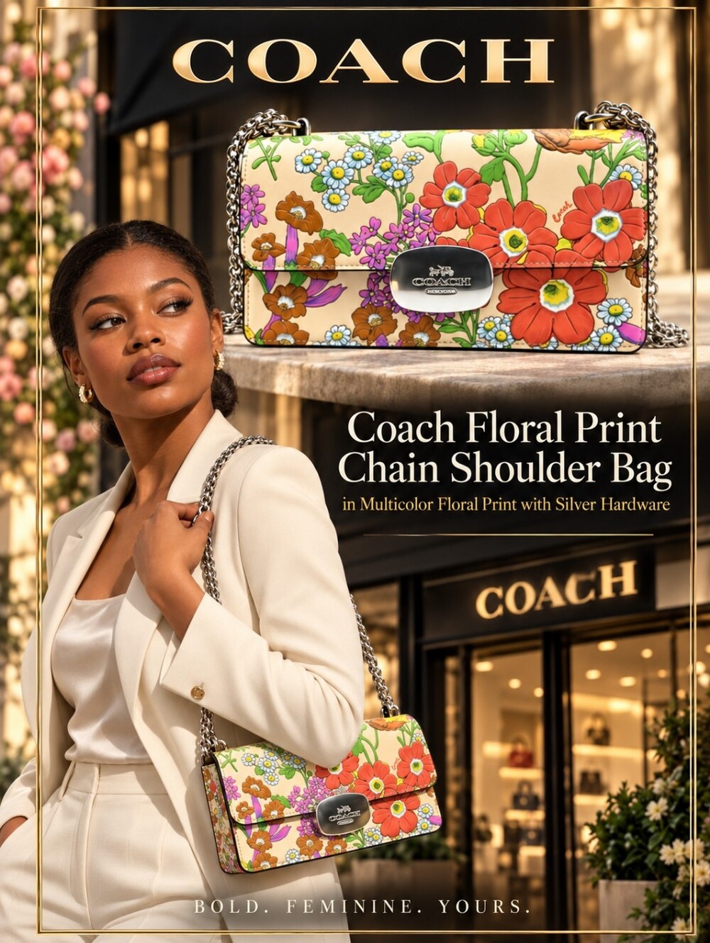 Coach Multicolor Floral Print Silver Chain Shoulder Bag